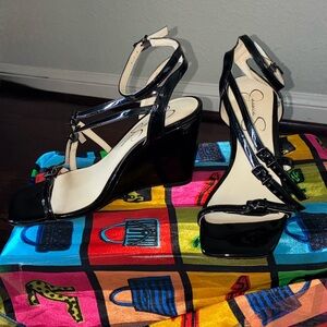 Jessica Simpson Black Patent Strappy Wedges Size 7M 37 ½